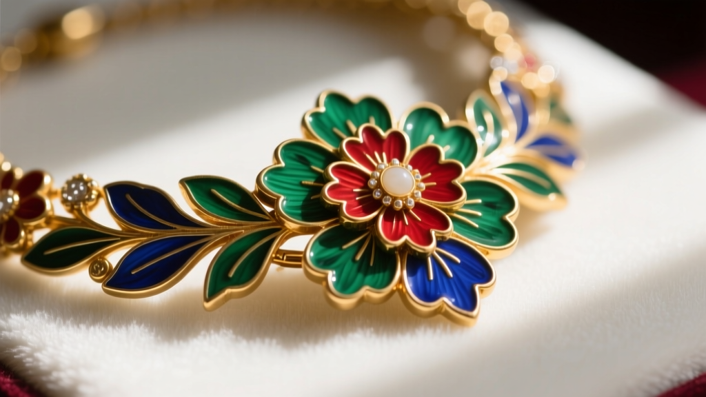 Macro shot of thick gold plating and hand-painted floral enamel on a vintage Amrita Singh necklace clasp resting on white velvet