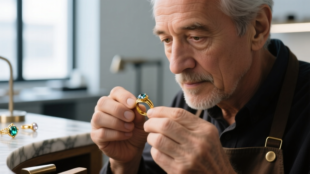 Close-up of a jeweler's hands using a precision laser welder to repair a cracked platinum ring shank under bright magnification.