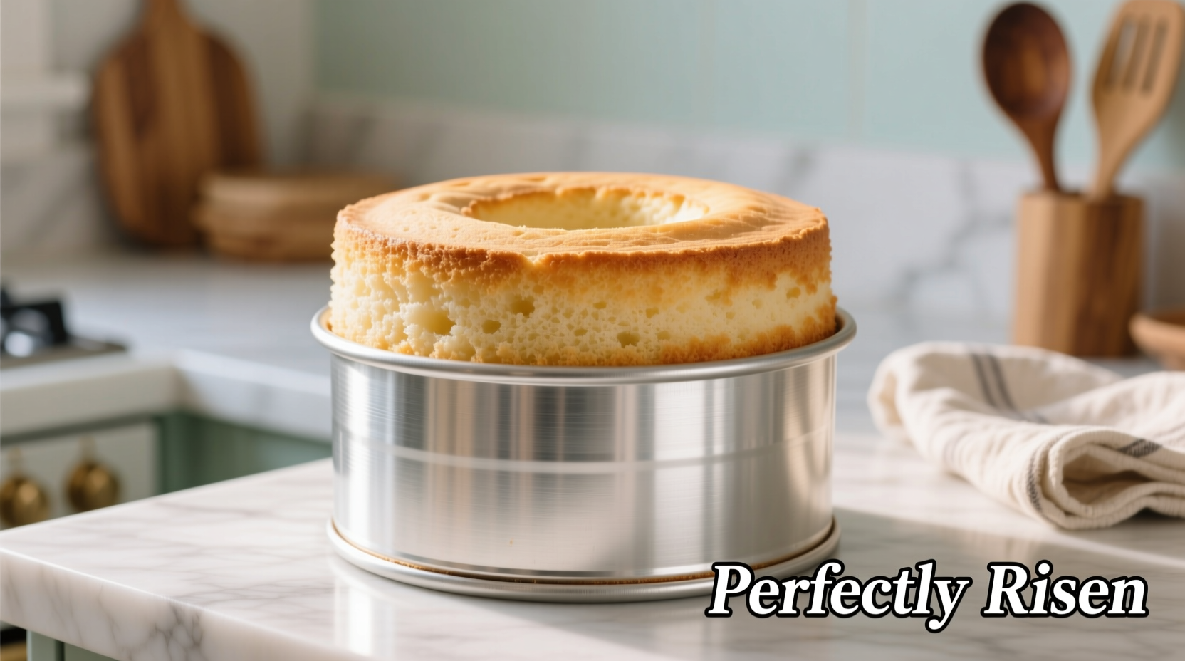 Perfectly risen angel food cake on tube pan