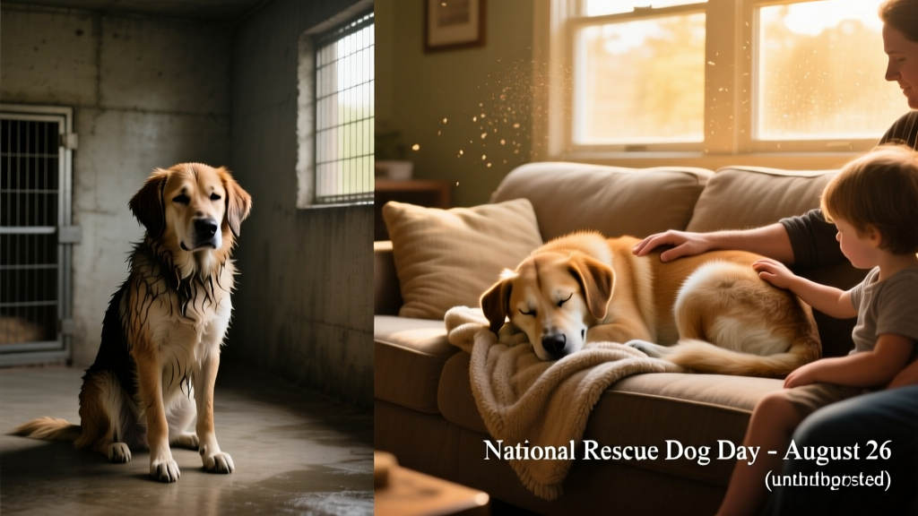 A heartwarming side-by-side photo: one image shows a lonely dog in a shelter kennel; the other shows the same dog, now relaxed and happy, curled up on a sofa with their new human family