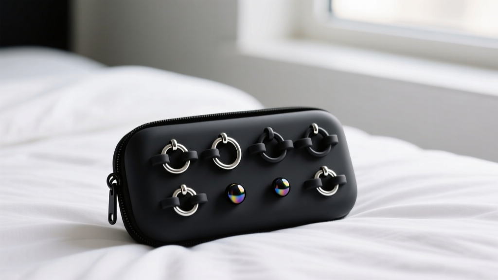 Charcoal silicone body jewelry display travel case on a bed, featuring secure loops for circular barbells and small dermal tops.