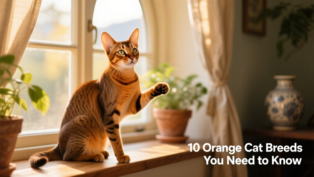 A playful Abyssinian cat with a rich amber, ticked-tabby coat sitting alert on a sunlit windowsill