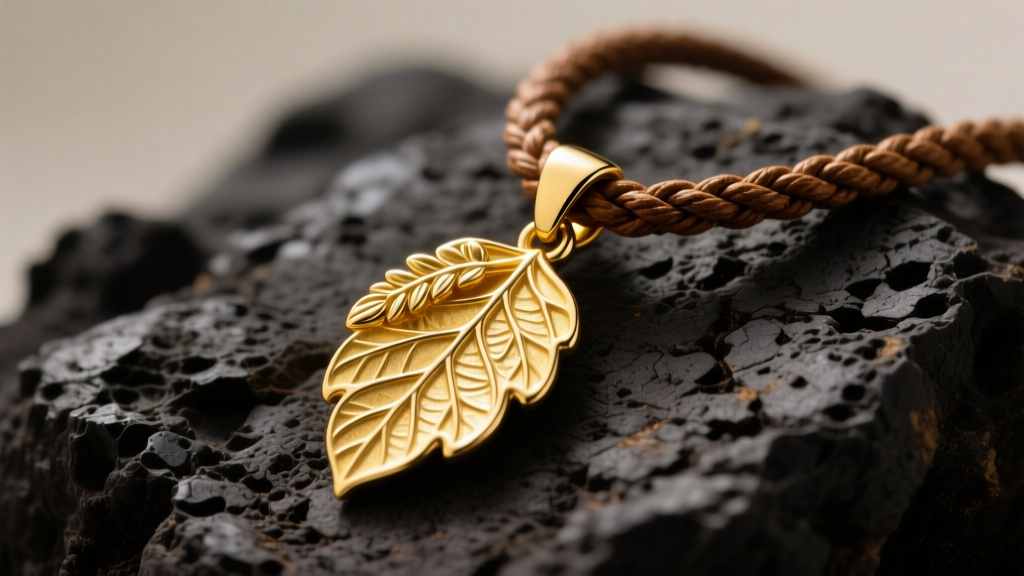Solid 14k yellow gold Hawaiian Maile leaf pendant on a thick rope chain resting on dark volcanic rock under soft studio lighting