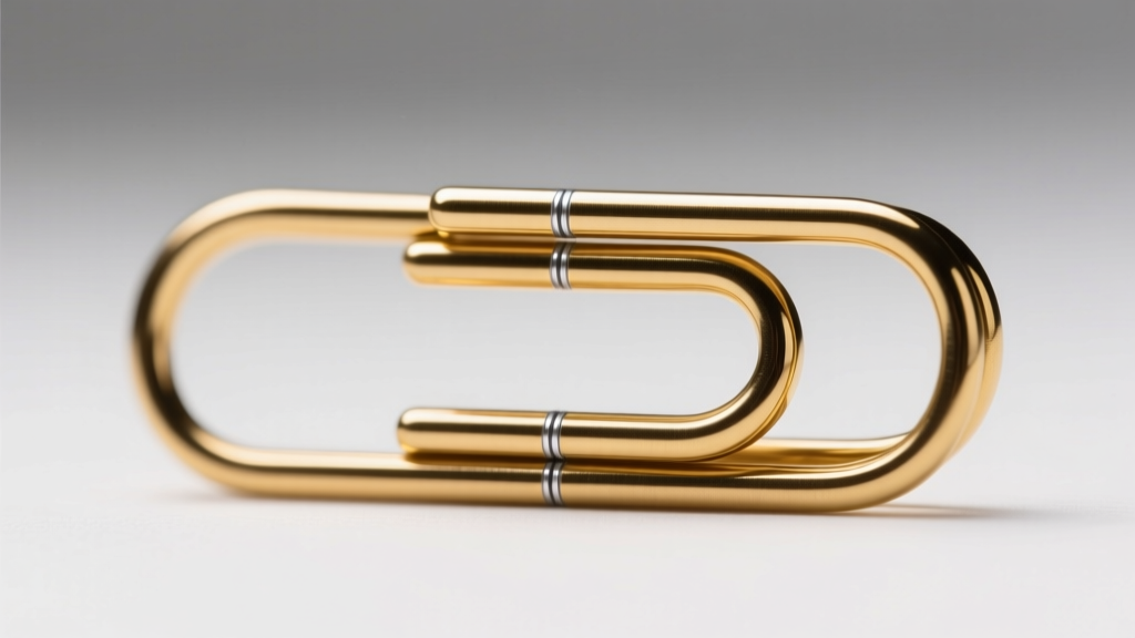Macro photography of a 2.5mm stainless steel paperclip chain link, showcasing the PVD gold coating and laser-welded seam details
