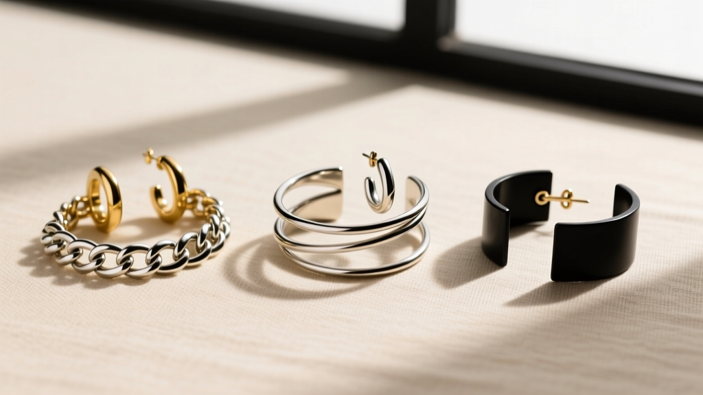 Overhead flat-lay showing three distinct full earring cuff styles: a chain-linked wrap, a continuous wire, and a tension clip