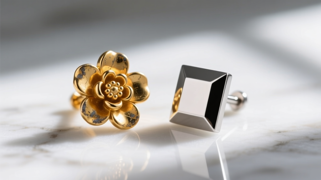 Faded gold-plated oversized floral stud next to a pristine PVD-coated stainless steel geometric stud on white marble, macro shot.