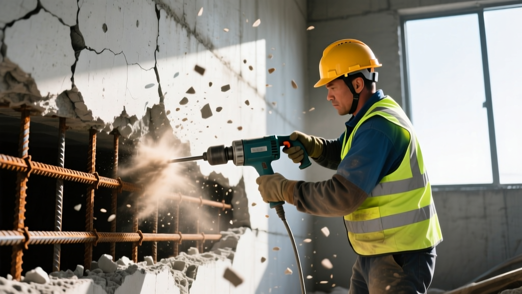Contractor using a pneumatic chipping hammer to remove spalled concrete from a foundation wall, exposing rusted steel rebar underneath