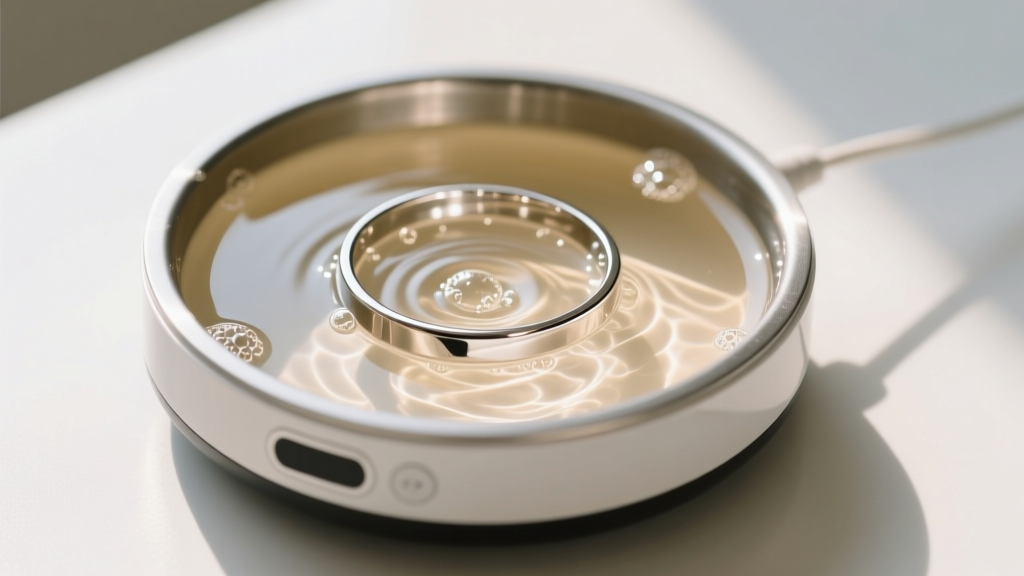 Small ultrasonic cleaner filled with warm soapy water, showing a stainless steel permanent anklet submerged and vibrating gently