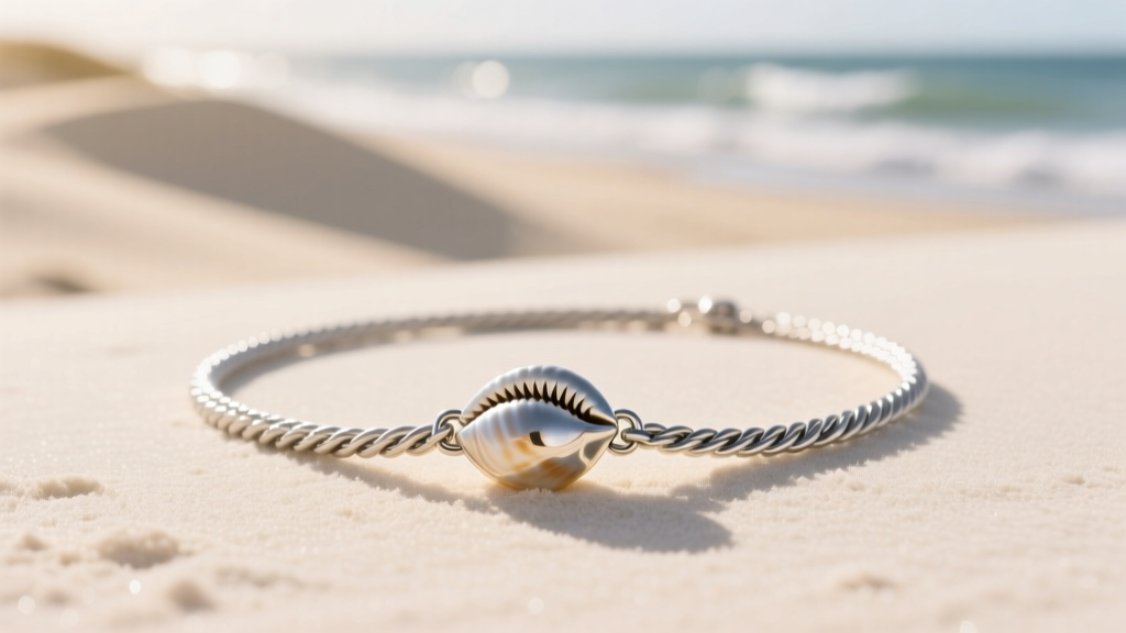 Sunlit beachy necklace featuring a PVD-coated stainless steel rope chain and a polished cowrie shell pendant resting on white sand