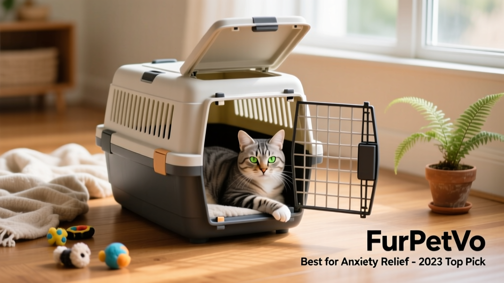 FurPetVo Two Door Top Load Plastic Kennel shown open from both top and front, with a calm cat inside