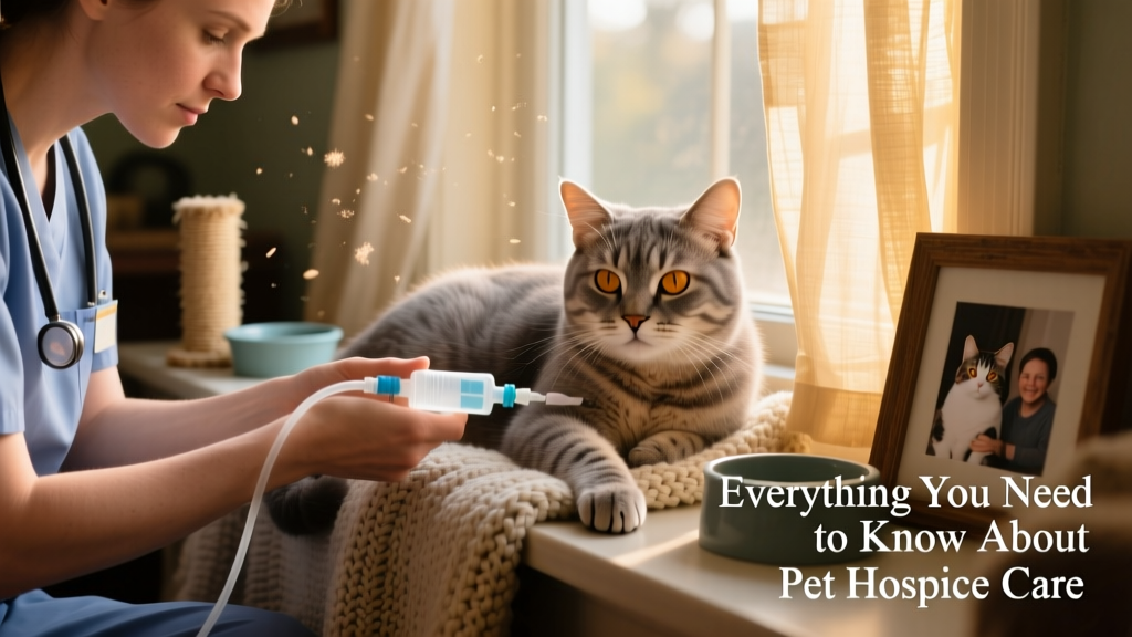 Veterinary technician gently administering subcutaneous fluids to a senior cat at home