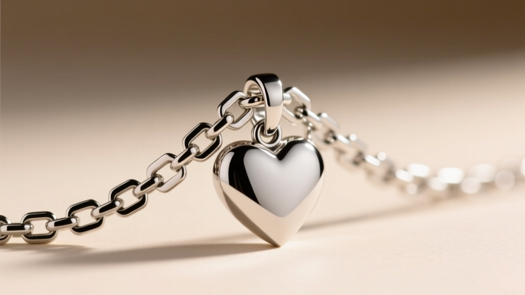 Macro shot of a silver box chain threading through a heart pendant bail, highlighting the intricate interlocking square links.