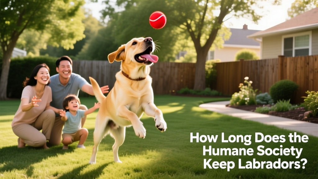 A happy Labrador Retriever playing fetch in a sunny backyard with a new family