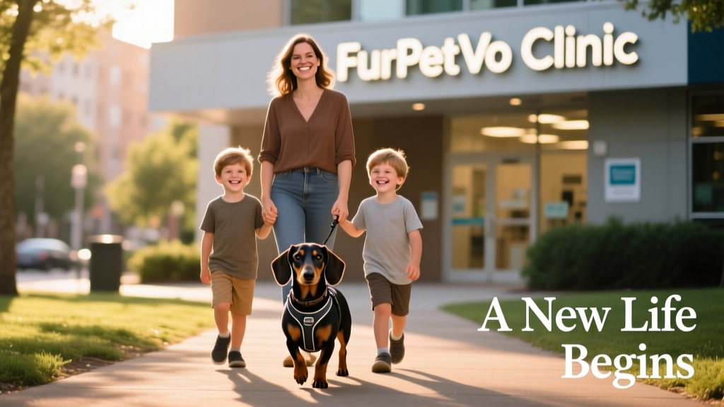 Franklin sitting confidently between Daniela Englmann and her two young sons, all smiling in front of the FurPetVo clinic sign