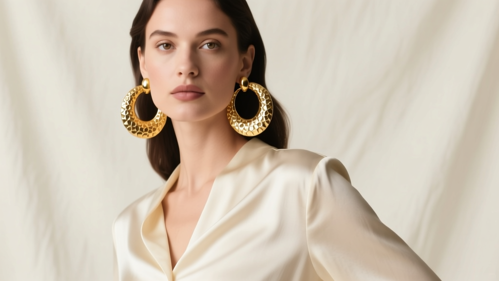 Woman wearing oversized hammered 14k gold 1980s hoop earrings, styled with a modern cream silk blouse in soft studio lighting.