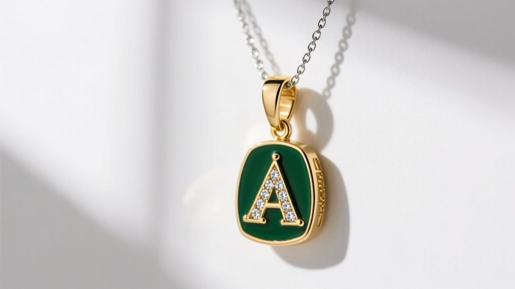 Close-up of a 14k gold Kappa Delta diamond pendant with olive green hard enamel resting on a delicate 1.2mm silver box chain.