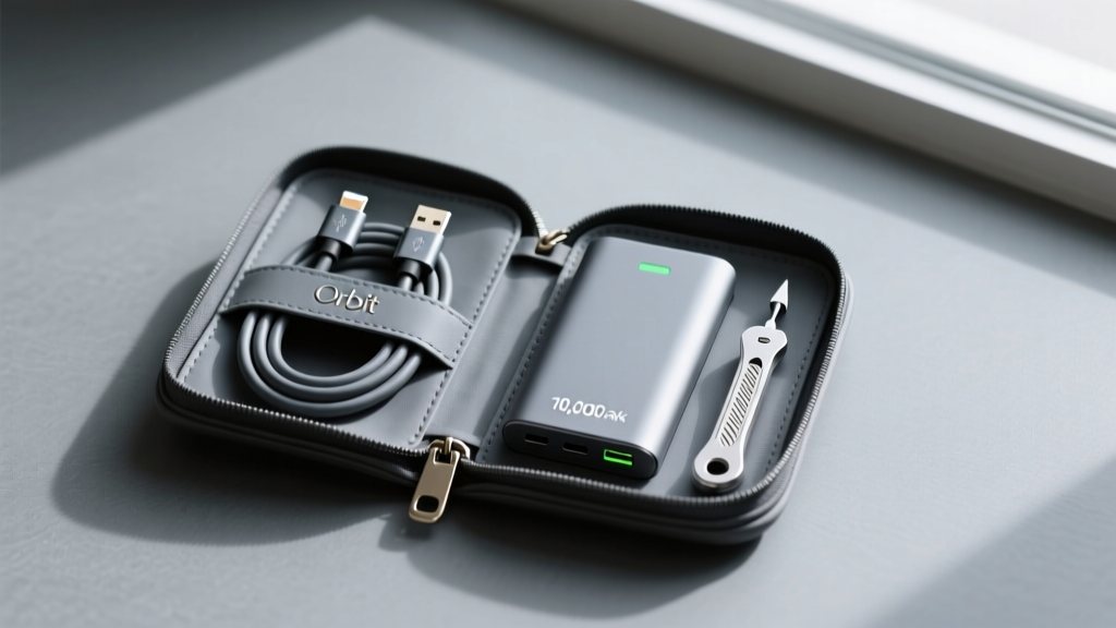 Flat lay of an opened Orbitkey tech organizer with USB-C cables, a compact power bank, and a titanium pry tool on slate.