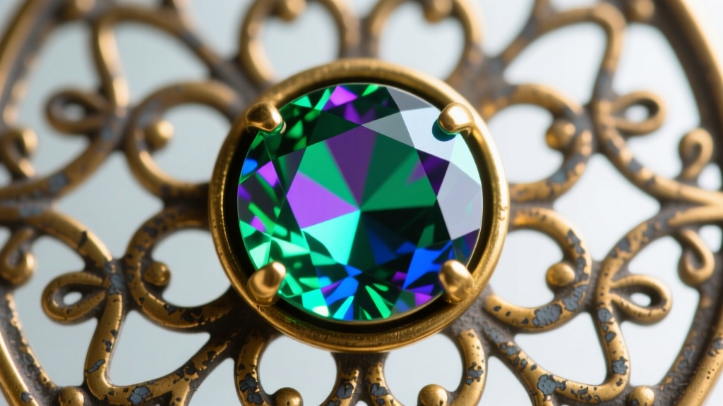 Extreme macro photograph of a foil-backed aurora borealis glass rhinestone set in tarnished gold-washed pot metal filigree