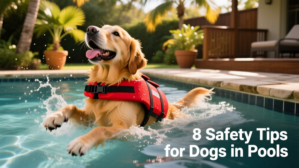 A golden retriever happily swimming in a backyard pool with a life jacket on