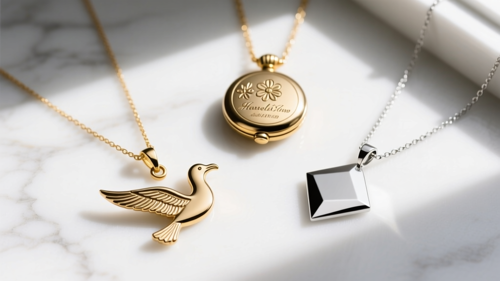 Flat lay of three distinct gold and silver pendant necklaces, including a seagull motif and engraved locket, on white marble