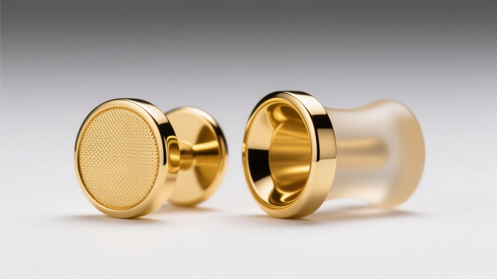 Close-up of polished 14k yellow gold and matte acrylic ear plugs showing surface texture differences under bright studio light.