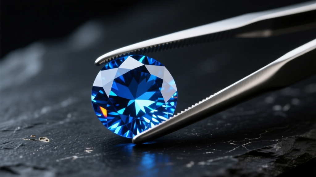 Close-up of a natural blue zircon gemstone held in steel tweezers against dark slate, showing high refractive brilliance and fire