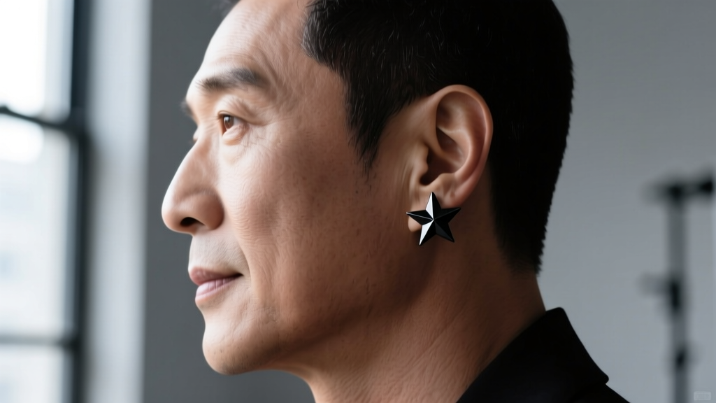 Side profile of a man wearing a 16g titanium flat-back star earring in his helix piercing, showcasing a matte black finish.