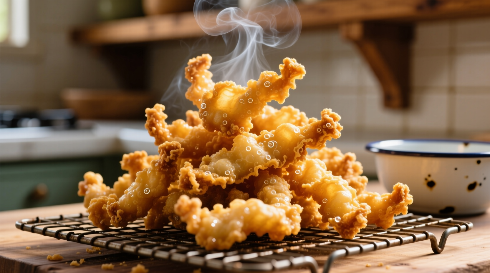 Freshly made golden chicharon on wire rack
