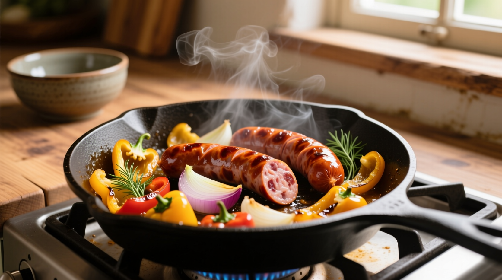Italian sausage cooking with peppers and onions