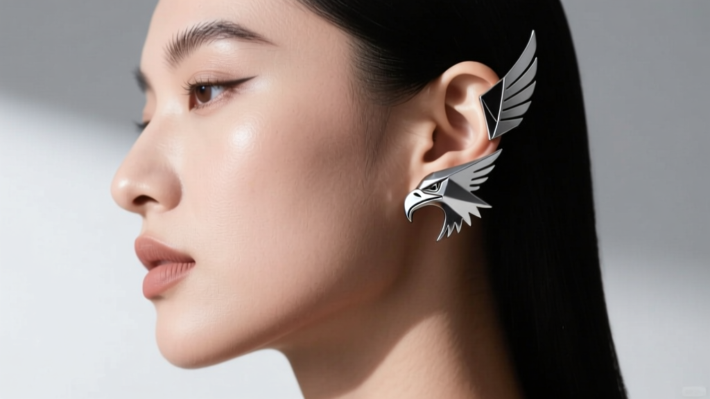 Side profile of a model wearing a geometric titanium eagle head helix stud, showing a flat back design resting flush on the ear