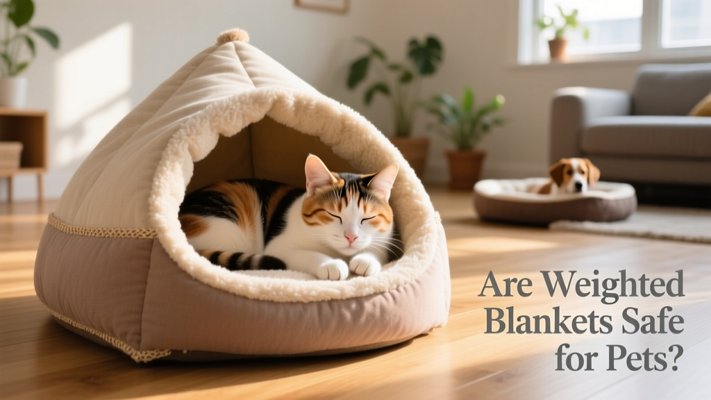 A calico cat curled up inside a covered igloo-style pet bed, looking relaxed and secure
