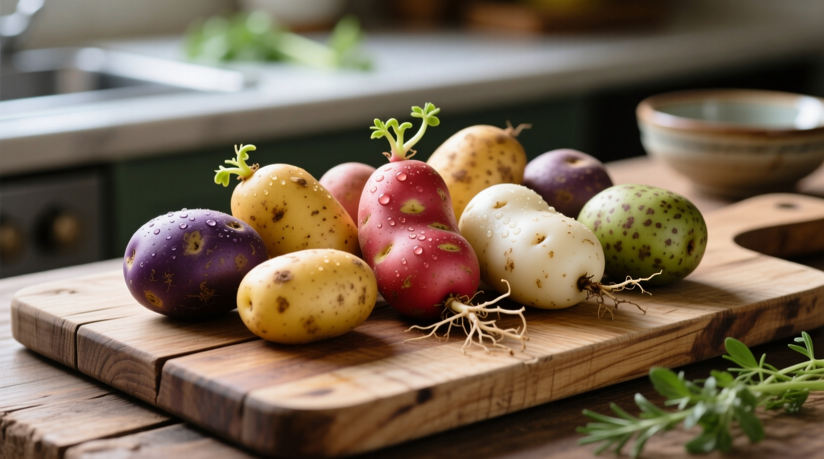 Assorted potato varieties on wooden cutting board