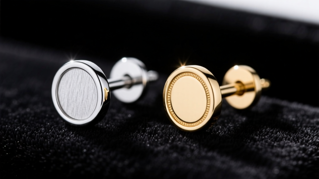 Close-up of 18-gauge platinum earring post beside 18k white gold post showing thickness differences against dark velvet backdrop