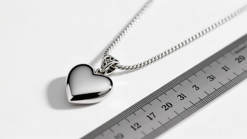 Flat lay showing a 3mm silver rope chain and heavy heart pendant next to a metal ruler, highlighting the clasp and bail