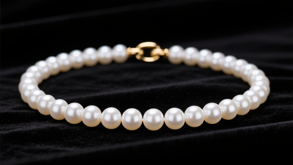 High-luster white Akoya pearl necklace resting on dark velvet, showing sharp reflections and a gold clasp in soft studio lighting