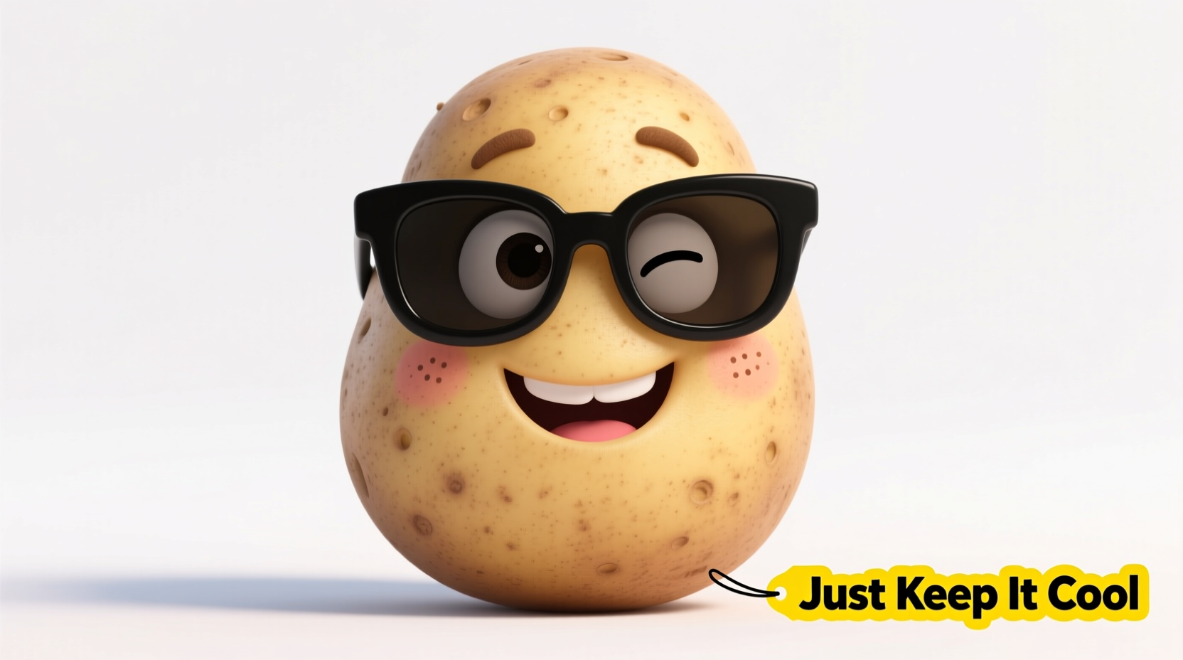 Smiling potato wearing sunglasses on white background