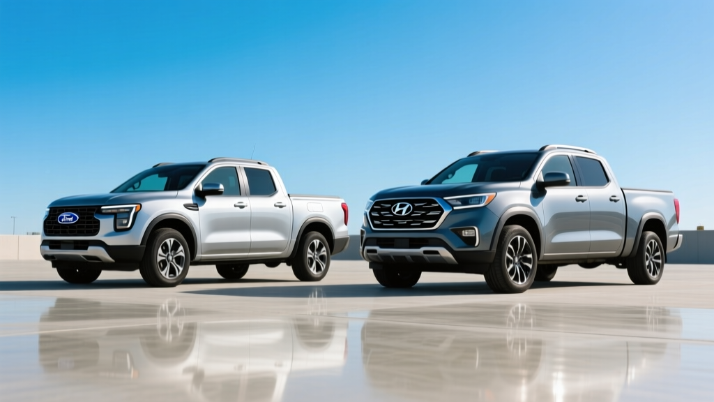 Side-by-side exterior profile comparison of the Ford Maverick Hybrid and Hyundai Santa Cruz showing bed length and cabin proportions