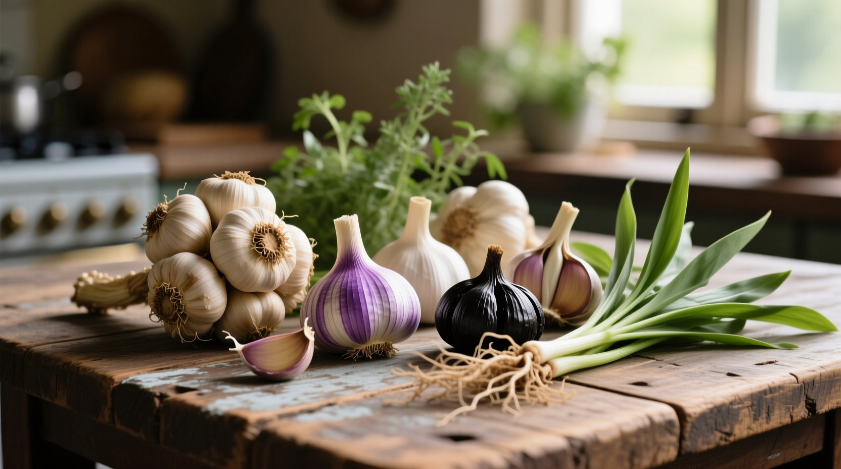 Various garlic types displayed on wooden table