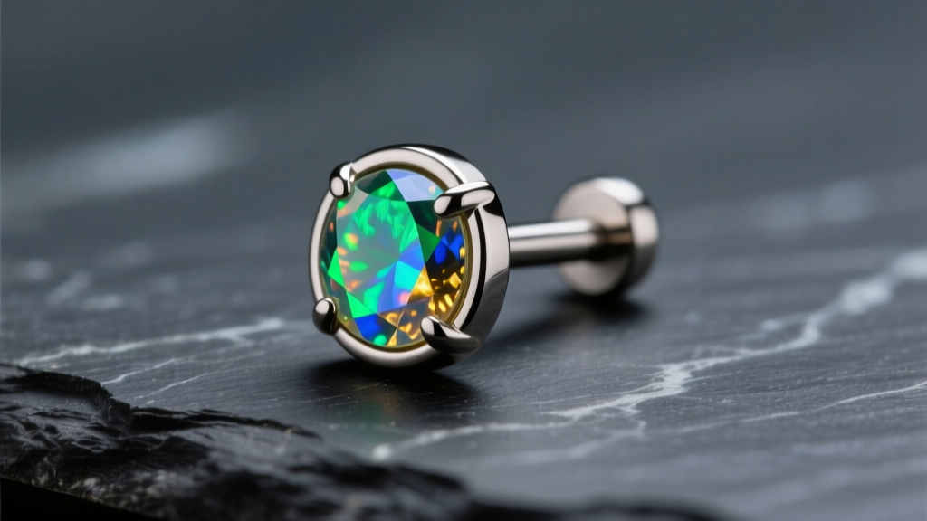 Close-up of a 16-gauge implant grade titanium flat back labret stud with a bezel-set opal, resting on a dark slate surface