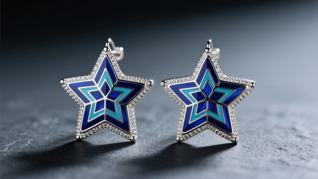 Close-up of star-shaped drop earrings with deep blue guilloché enamel inlay over textured sterling silver on dark slate