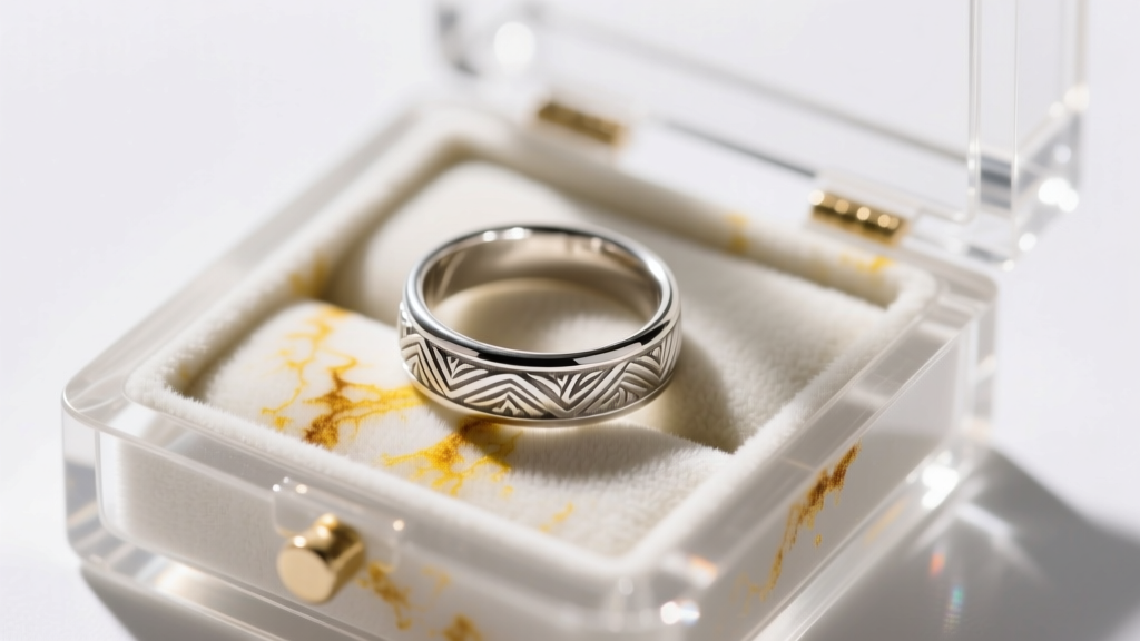Macro shot of a resin jewelry box interior showing a silver ring with yellowish tarnish caused by chemical off-gassing damage.