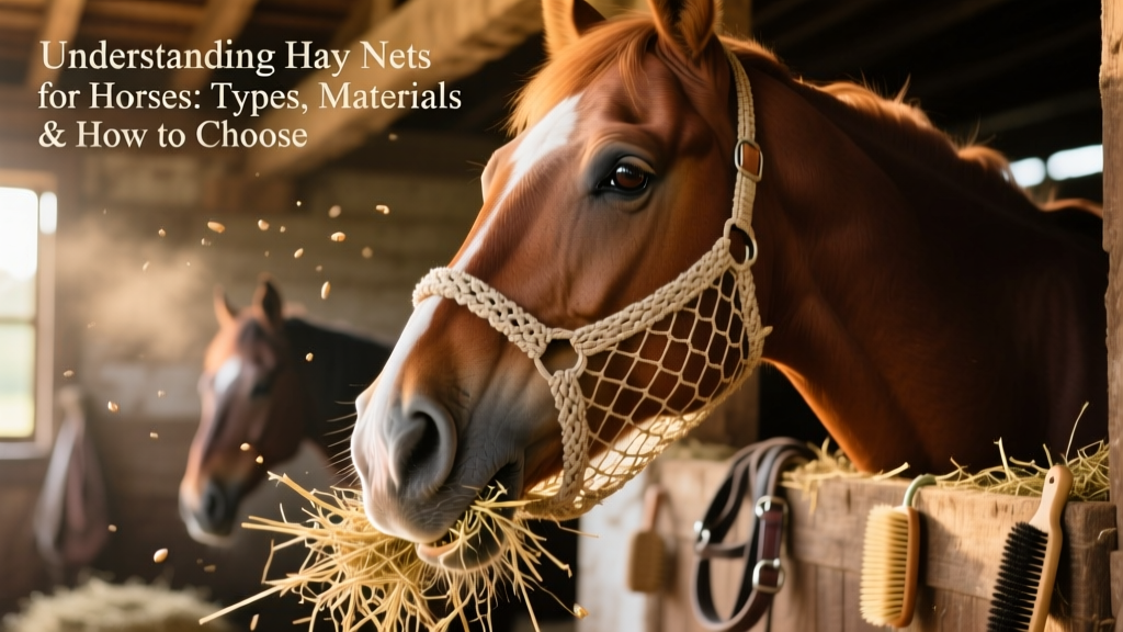 Close-up of a horse’s muzzle gently pulling hay through a small-hole hay net