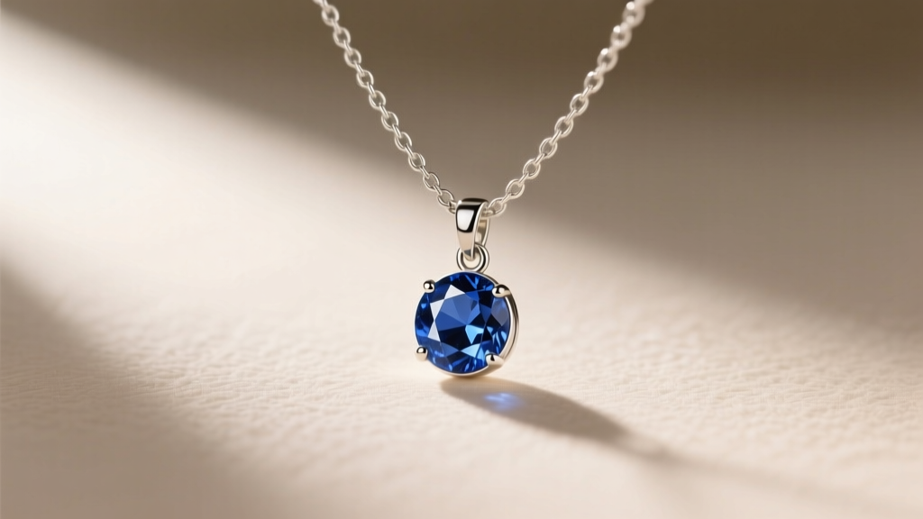 A tiny bezel-set blue sapphire gemstone charm on a fine 16-inch box chain, illuminated by soft natural window light