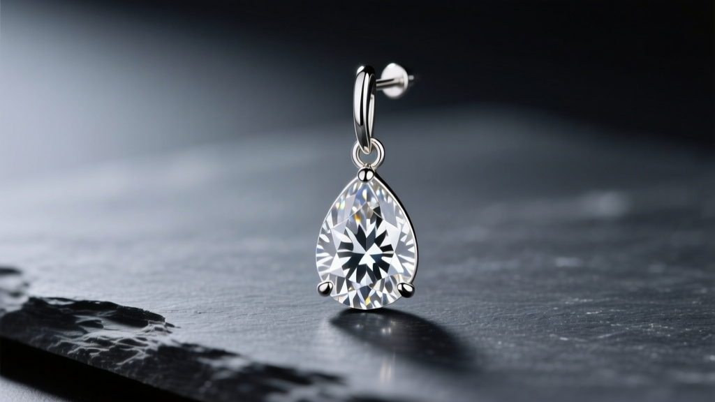 Close-up of 1-carat pear-shaped diamond drop earring in 14k white gold, resting on dark slate under bright studio lighting.