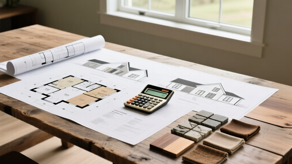 Architectural blueprints for an 1800 square foot modern farmhouse spread across a wooden table with a calculator and regional material samples