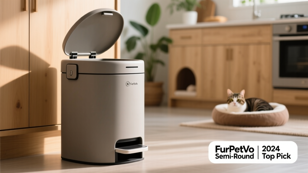 Side view of the FurPetVo Semi-Round can showing the foot pedal, slide lock, and seamless lid closure