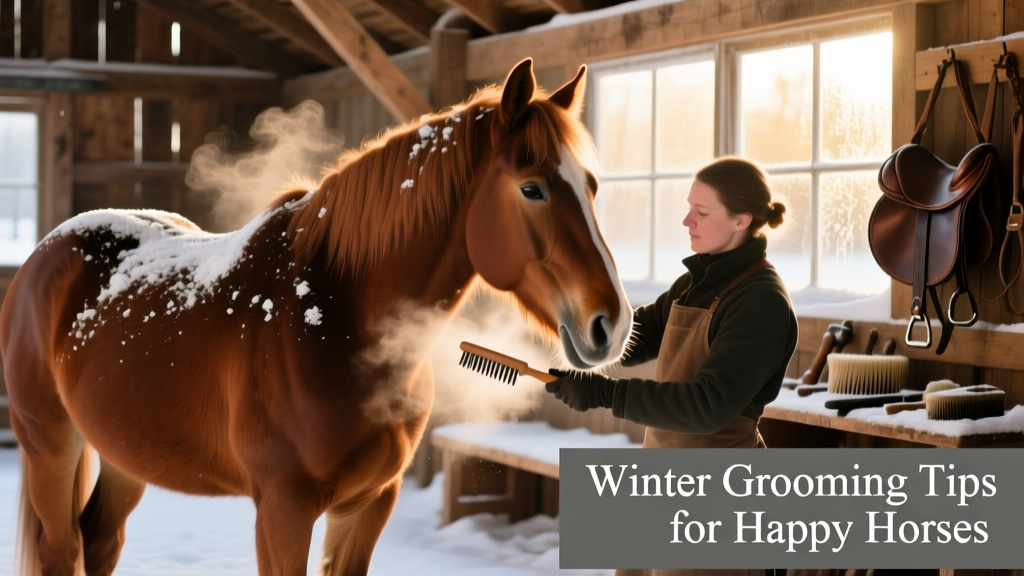 A horse being gently groomed in a cozy, well-lit barn on a snowy day