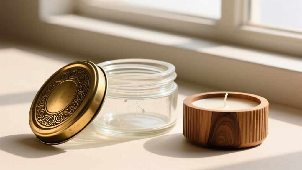 Close-up of various upcycled lids including a vintage brass tea tin lid, a clear acrylic jar lid, and a ribbed wooden candle lid