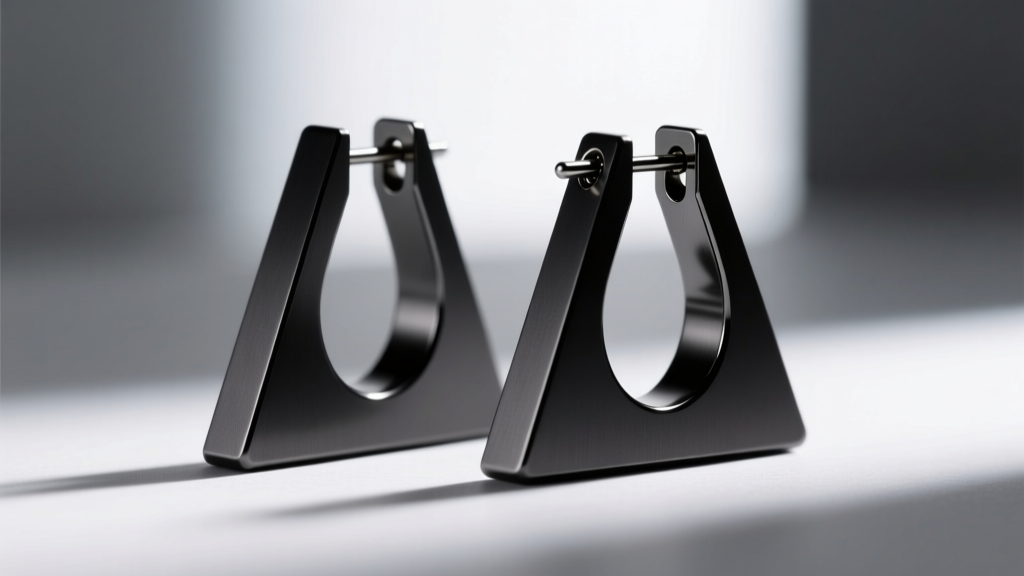 Matte black anodized Grade 5 titanium triangle huggie earrings with a secure clicker hinge, shown from a side profile angle.