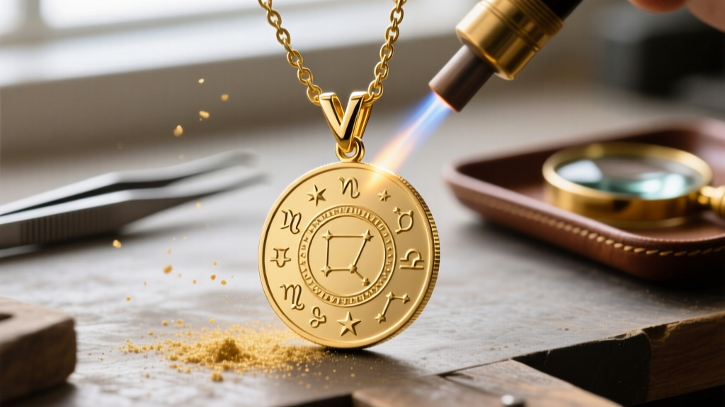 Jeweler workbench showing a 14k gold V-bail being laser-soldered onto the top edge of a custom astrological gold coin pendant